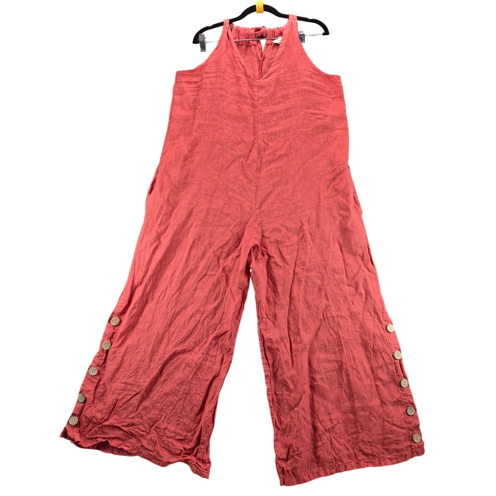 Puro Lino Jumpsuit Linen Wide Leg Button Hem One Size Coral Red Women